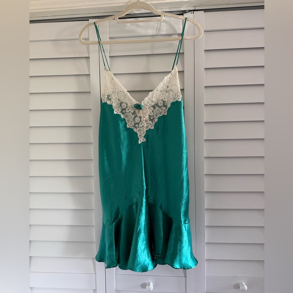 VTG Victoria's Secret Gold Label Teal Satin Slip with Cream Lace